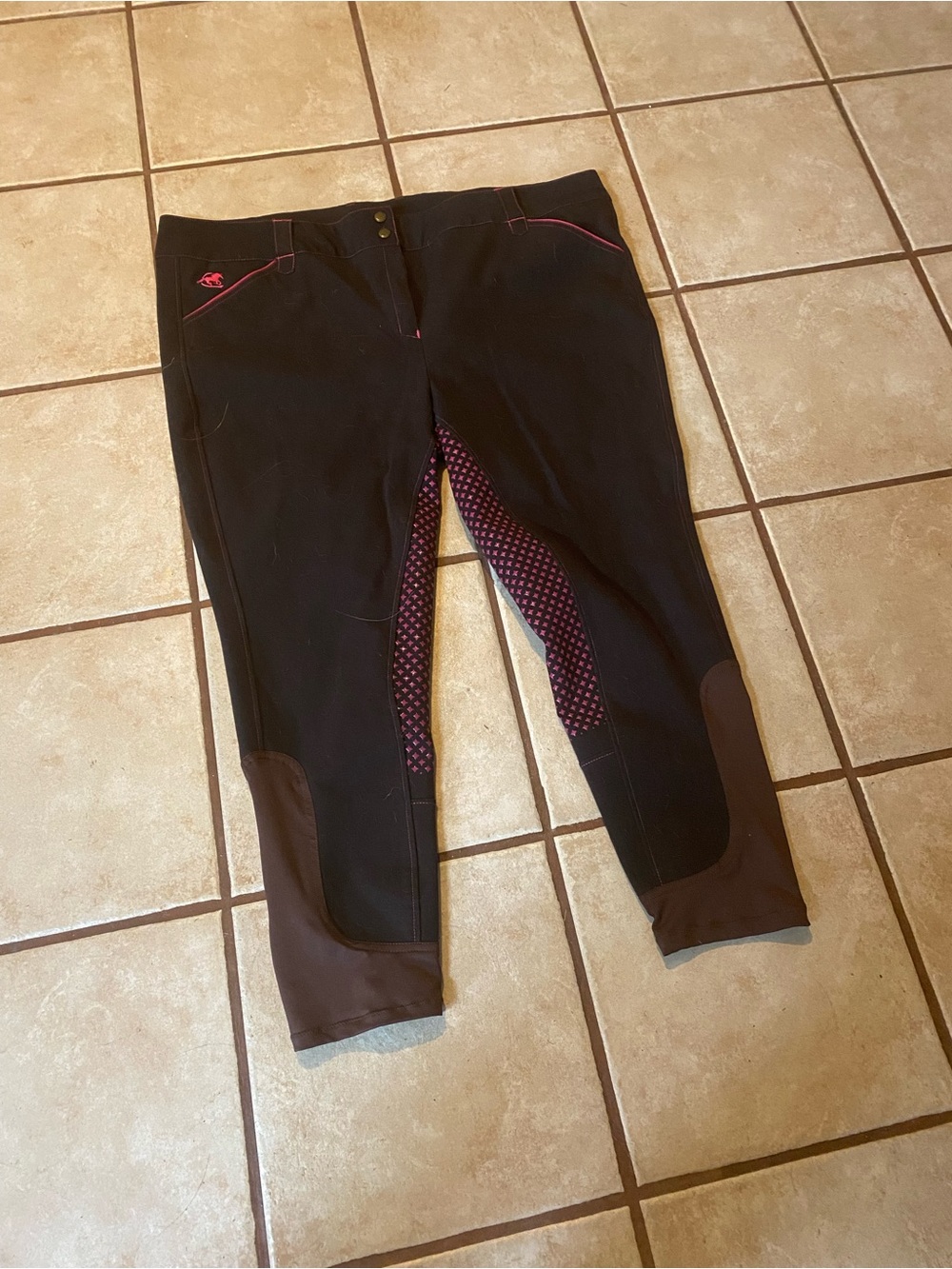 Woman’s Size 46R Black Riding Breeches with Pink Trim and Full Grip Bottom